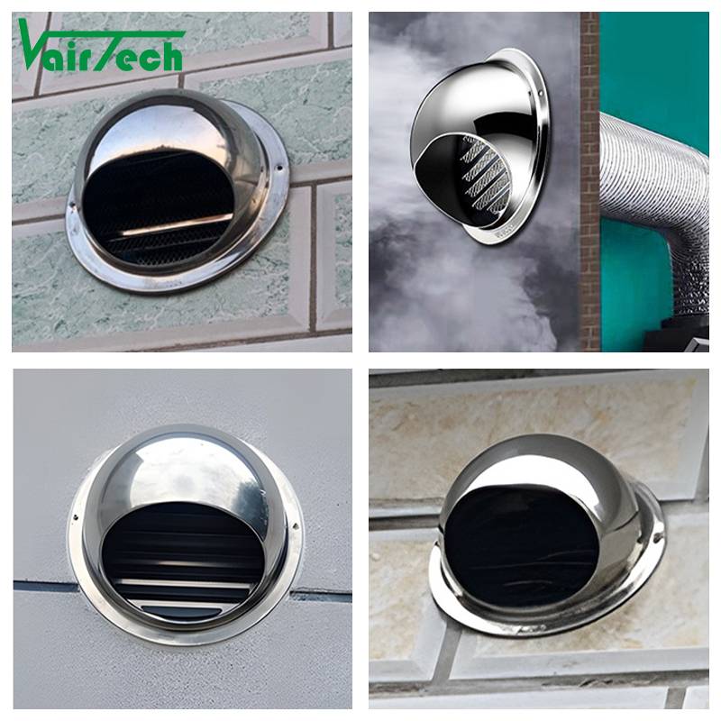 304/201 Stainless Steel Air Vent Cap Glossy Silver Waterproof Outlet Metal Air Vent Cover for Kitchen With Net